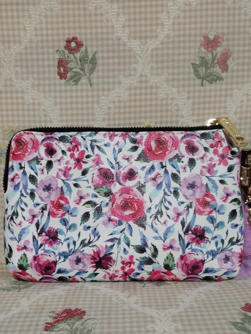 Floral Double Zip Wristlet with Purple Pom Owl Charm - Picture 3 of 5